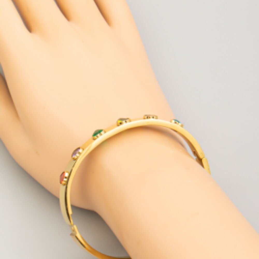 Gem Heart Studded Gold Bangle Stainless Steel Bracelet - Picture 2 of 2